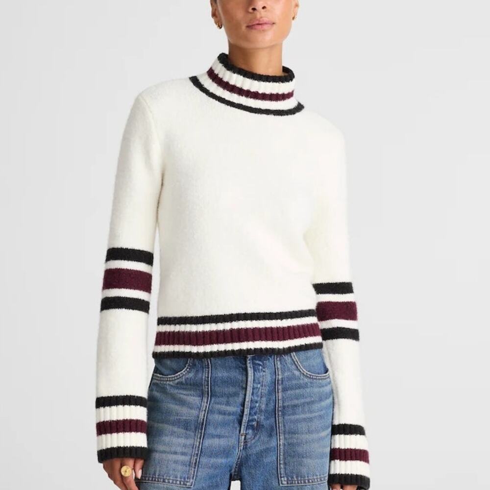 NWT Madewell Ribbed Trim Mockneck Sweater White Jet Black Stripe Womens Size XXS